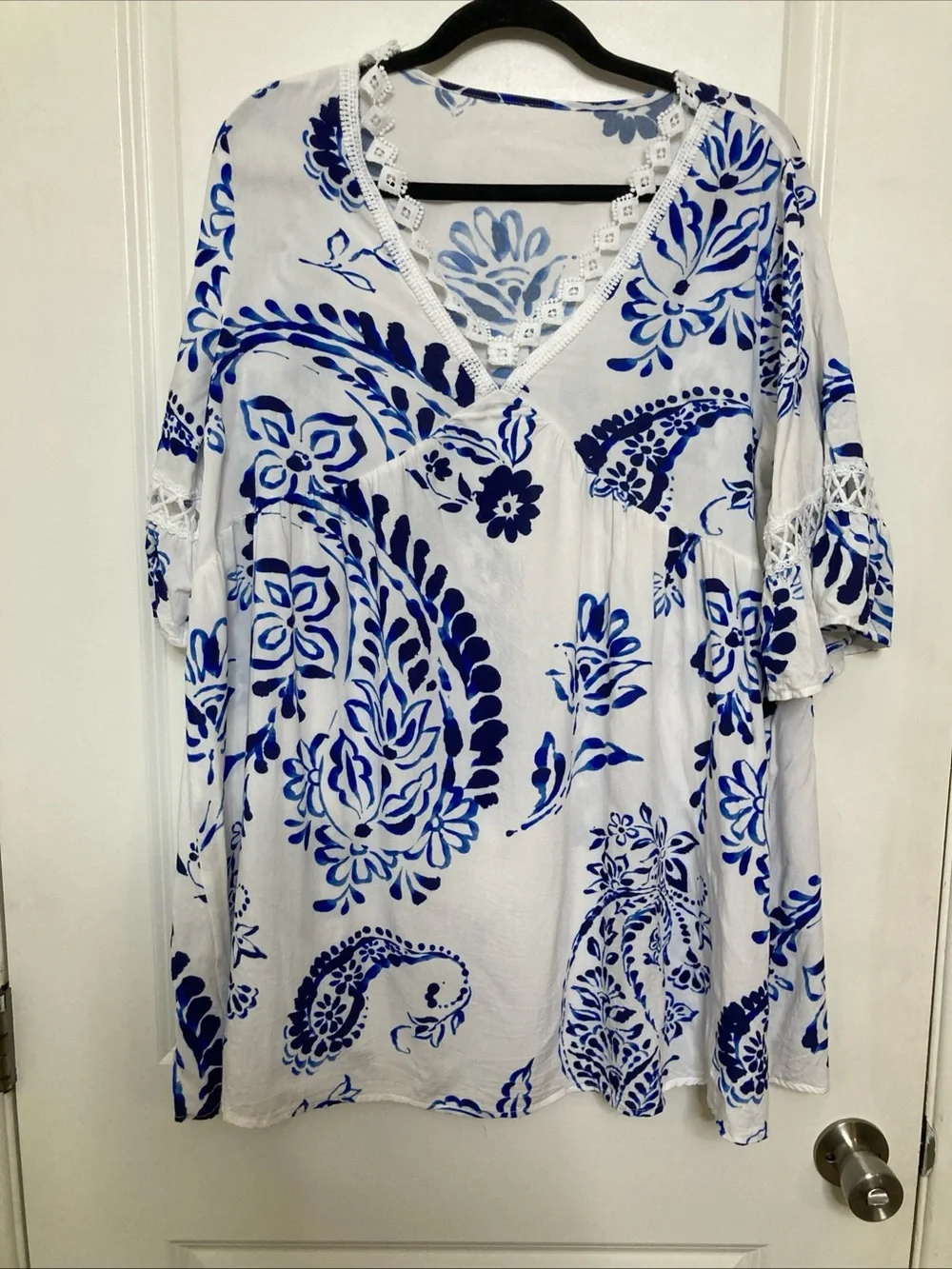 Cupshe Floral Paisley Blue White Lace Dress Cover Up Coastal Resort Beach Sz XL